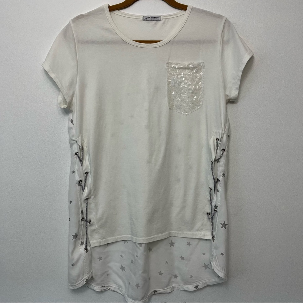 Made in Italy Short Sleeve White Silver Star Top Size M/L
